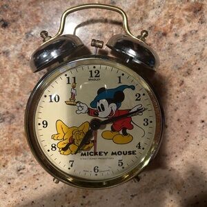 Vintage ‘60’s Mickey Mouse & Pluto Bell Alarm Clock Red with Gold trim. Works!